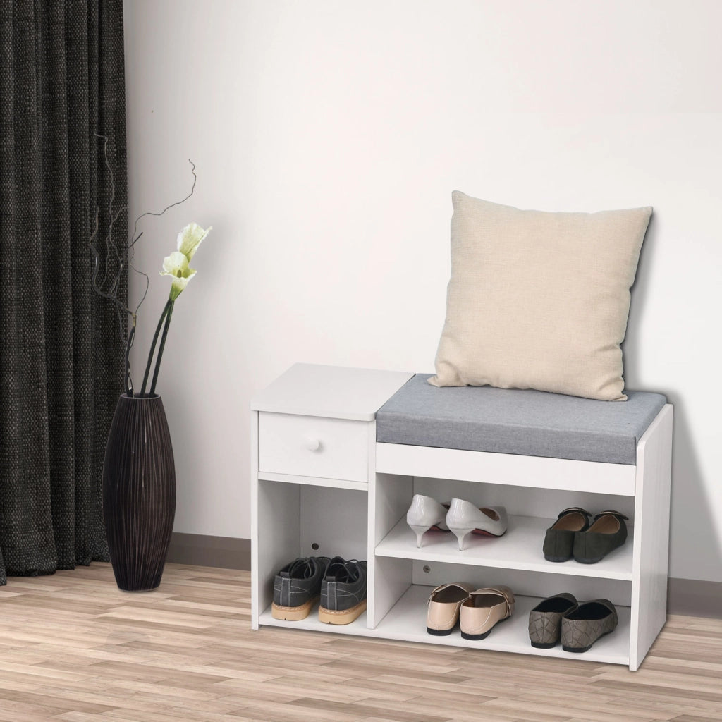 Panca Scarpiera con Cuscino, Cassetto e 3 Vani Aperti in Legno, 81x31.5x49cm, Bianco