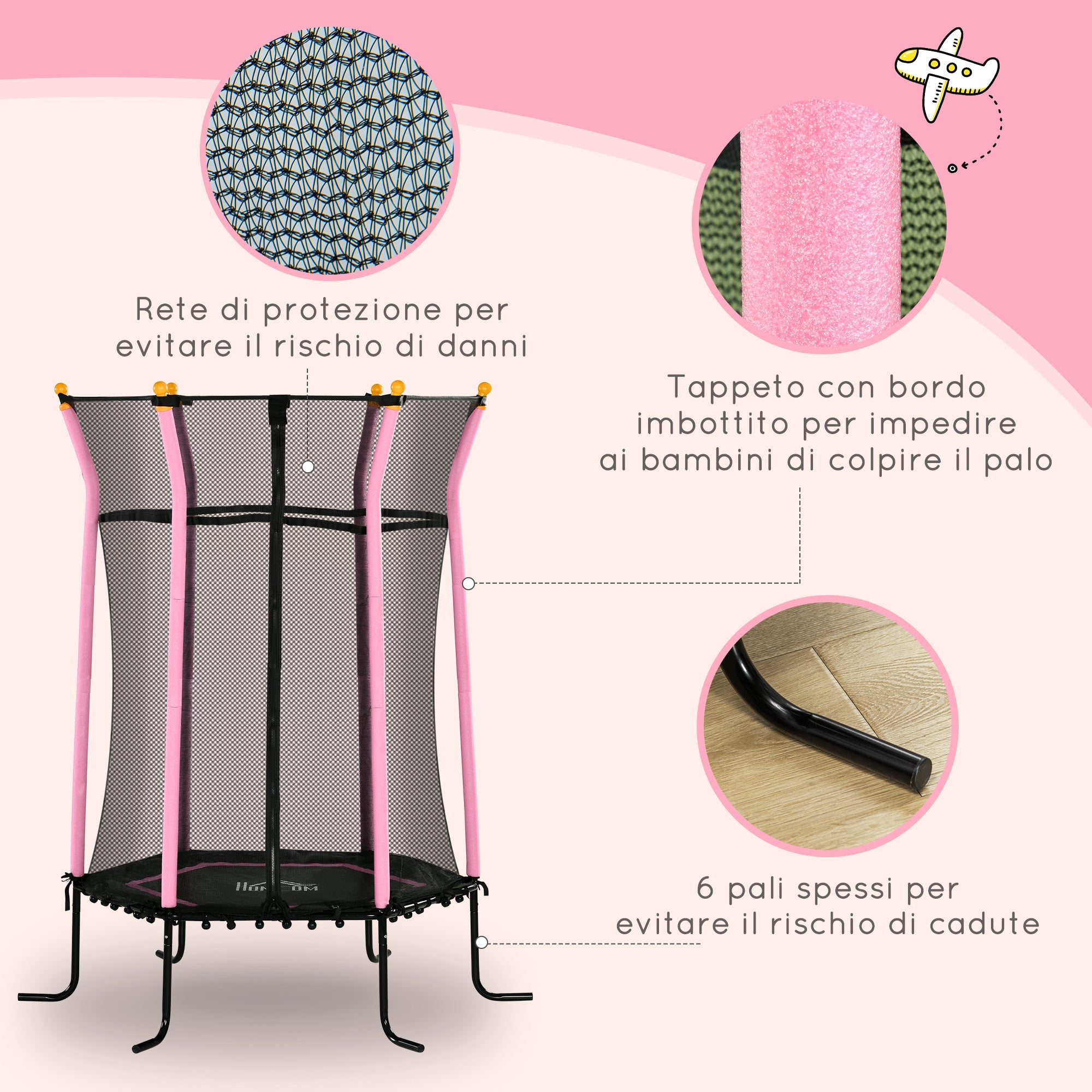 Trampolino Tappeto Elastico per Bambini con Ingresso a Cerniera e Pali Imbottiti Ø163.5x190 cm in Acciaio, PP e EPE Rosa