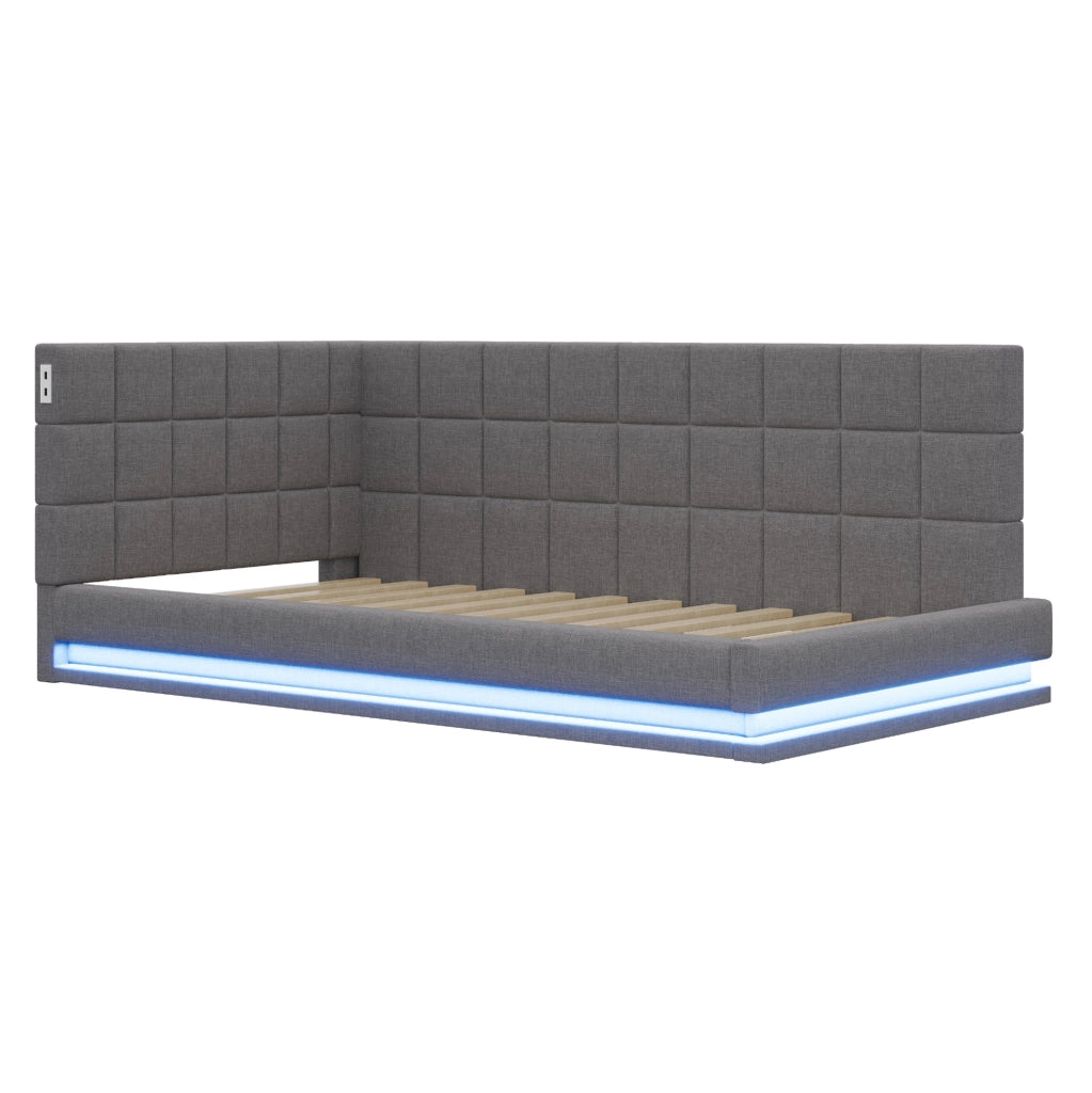 Letto imbottito 90x200 cm con LED; USB e rete a doghe in lino grigio