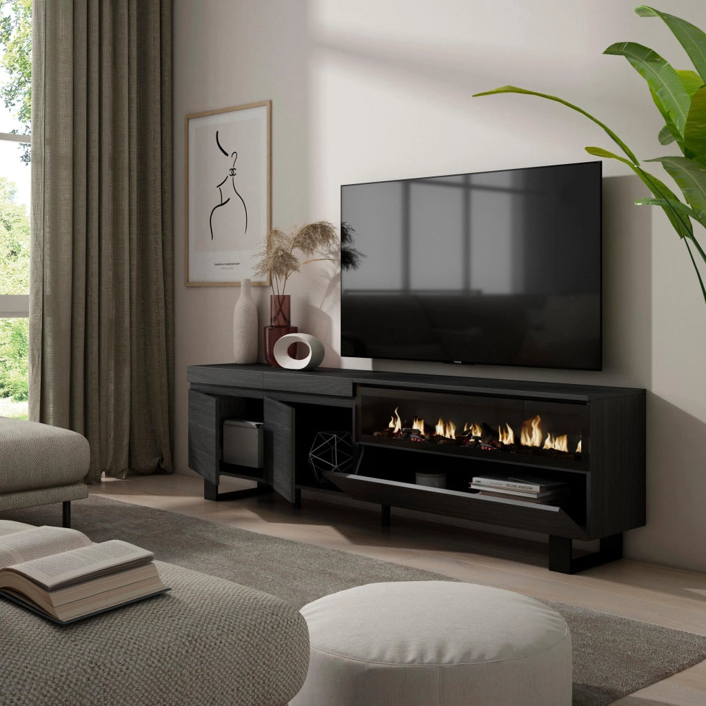 Mobile TV, 200x35x57cm, soggiorno, Per TV fino a 80", Camino elettrico, Design industriale, Nero RF2194
