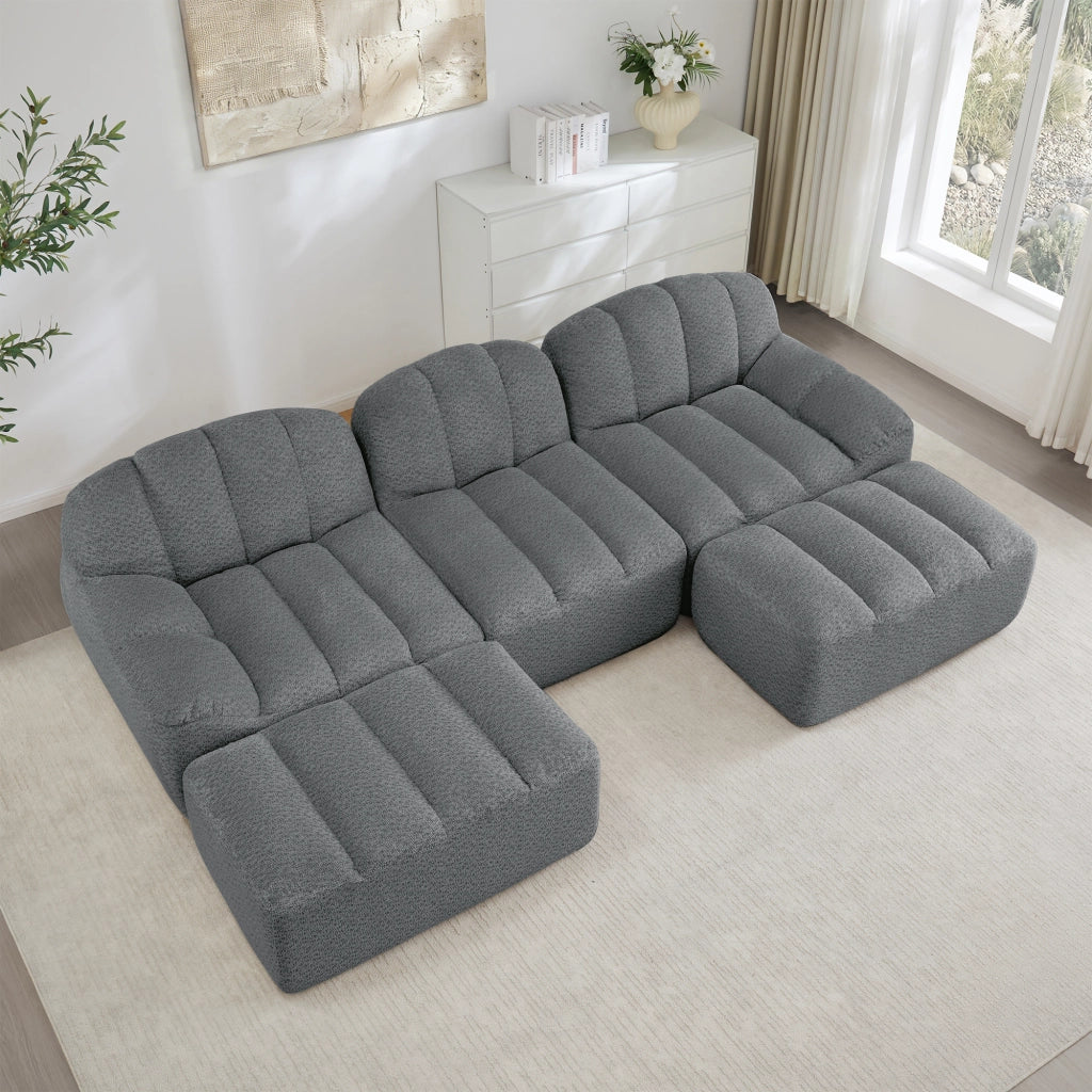 Divano modulare senza struttura con seduta profonda e pouf, in fleece granulare grigio per soggiorno 288 × 165 × 79 cm
