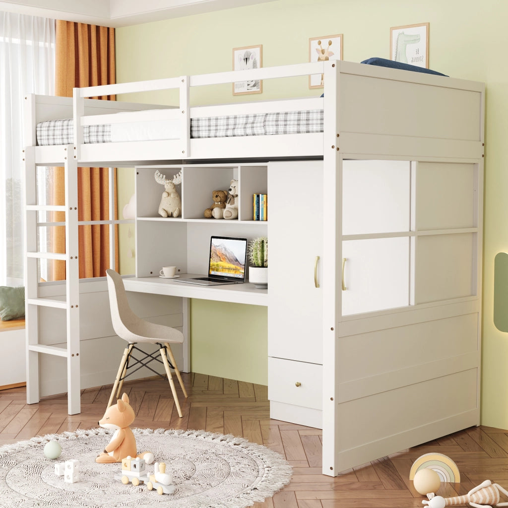 Letto a castello bianco con scrivania contenitore armadio e cassetti in legno 90x200 cm