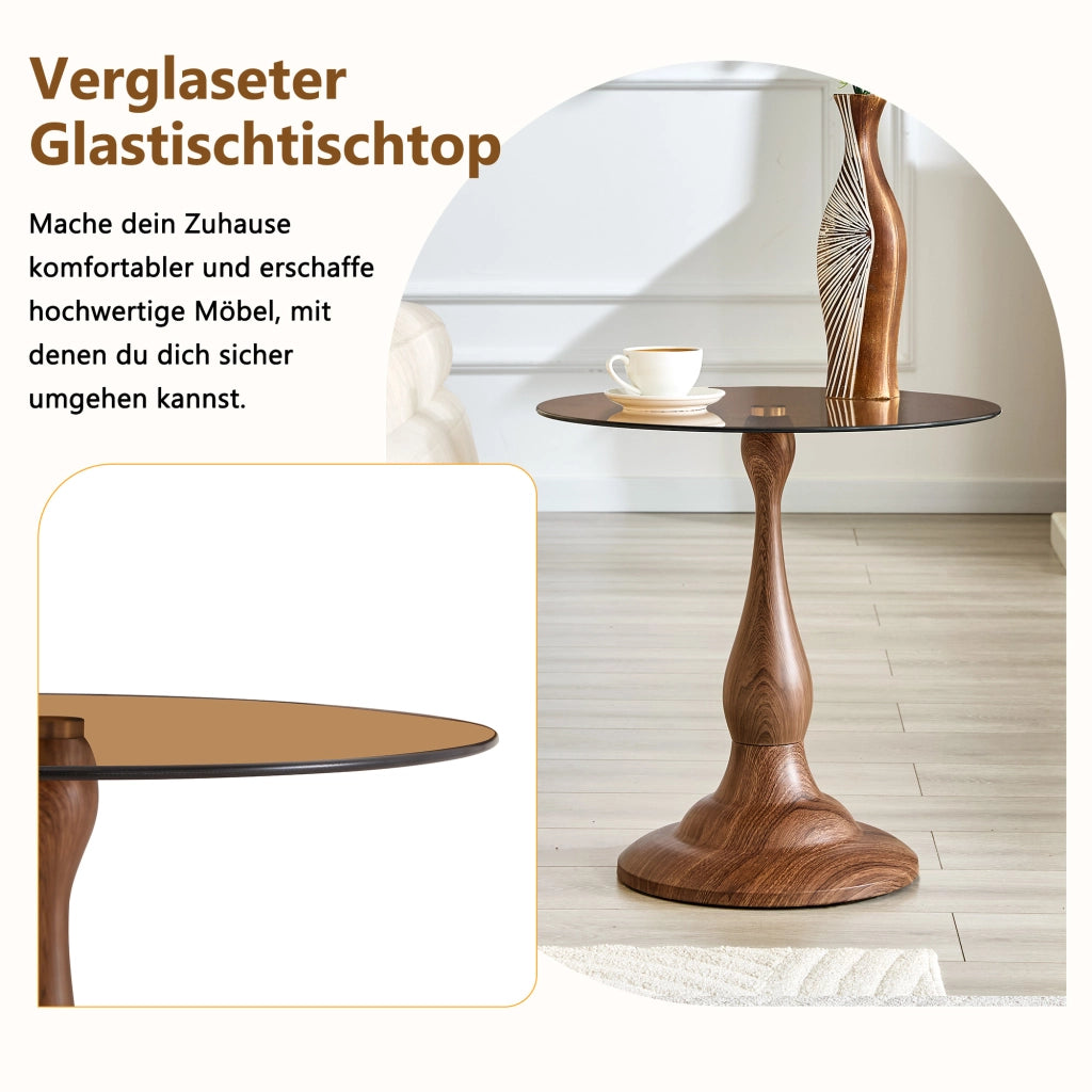 Tavolino basso rotondo in vetro temperato con base in metallo per soggiorno e camera da letto marrone diametro 50 × 51,5 cm