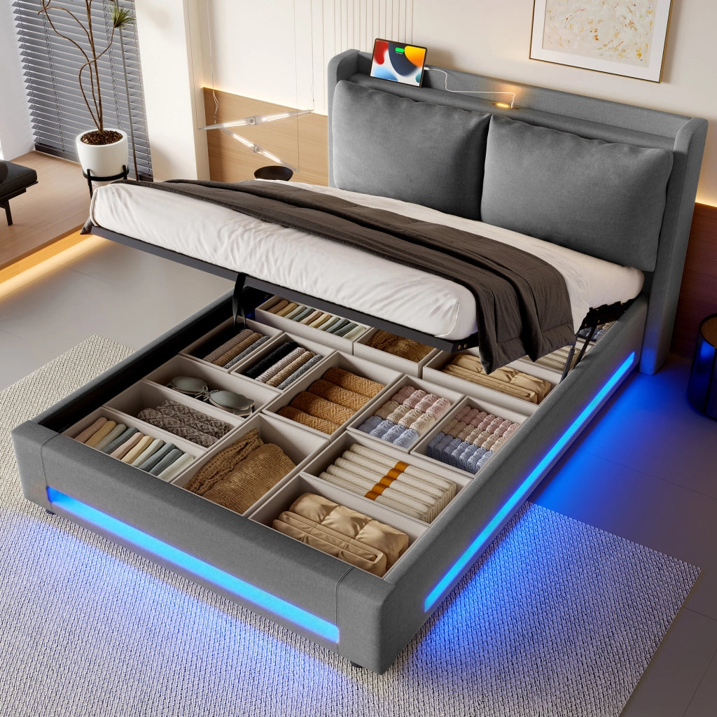 Letto imbottito moderno - Zephmum- 160x200 cm-Grigio scuro-Cuscino removibile, USB-C, LED