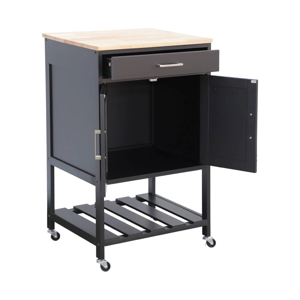 Carrello da cucina in legno di gomma con 2 ripiani, 56cm , nero