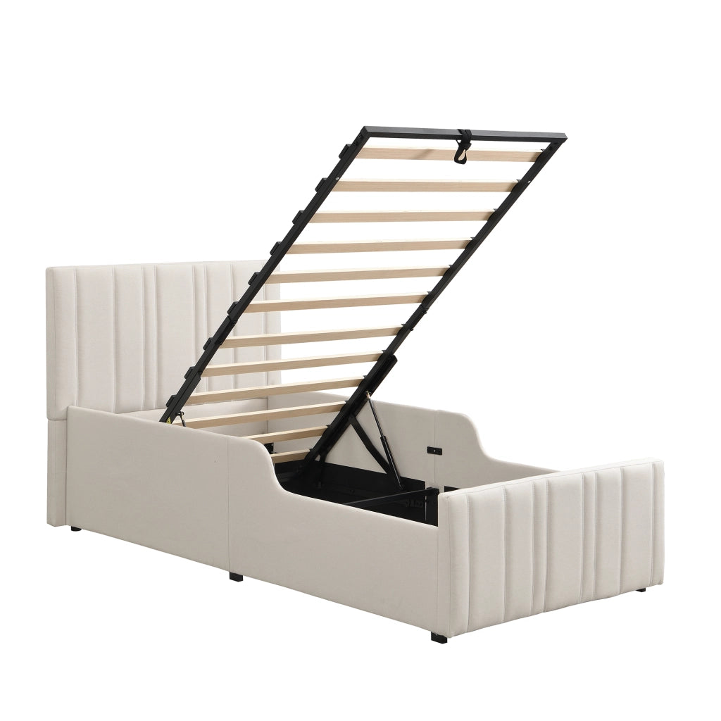 Letto per bambini 90 x 200 cm, con contenitore, testiera imbottita, tessuto di lino, beige