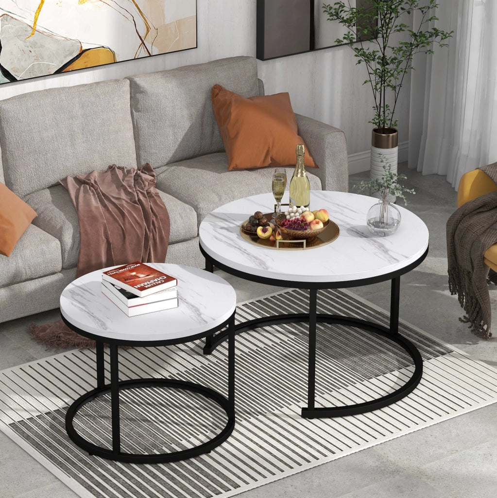 Set di 2 tavolini rotondi impilabili in MDF effetto marmo