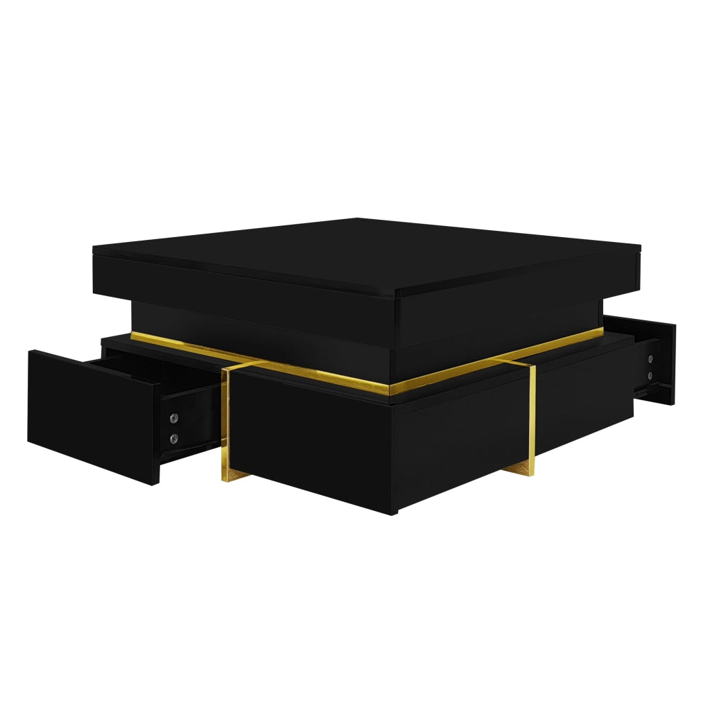 Tavolino da Salotto Quadrato con 2 Cassetti; Dettagli Dorati; Finitura Laccata Lucida; in Truciolare; 70¡Á70¡Á35;5 cm; Nero