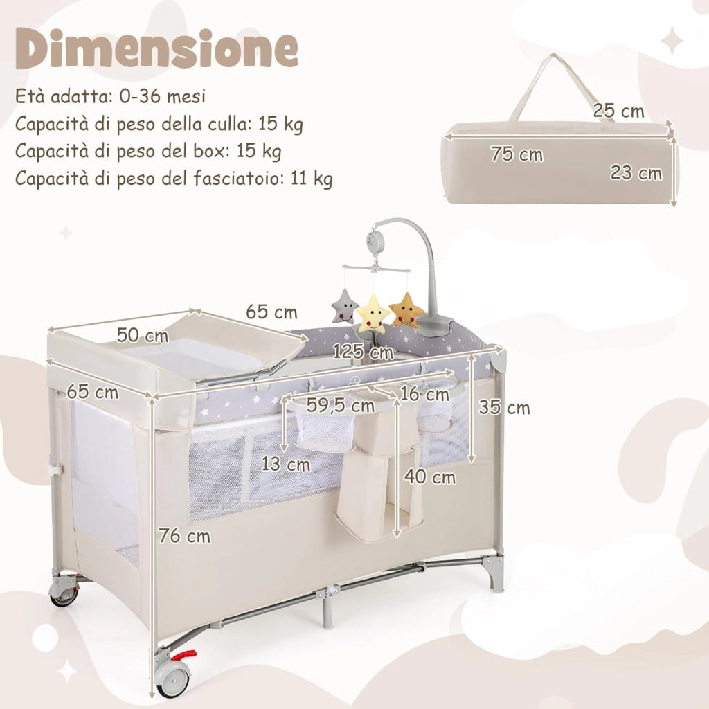 5 in 1 Lettino per Bambini con Materasso, Lettino Culla da Viaggio per Neonati, Culla Neonato con Fasciatoio, Box Portatile Pieghevole, con Ruote e Borsa, 125 x 65 x 119 cm (Beige)