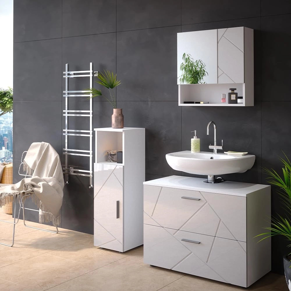 Set mobili bagno Irma, Bianco lucido, 80 cm, composto da mobile sottolavabo, specchiera e mobile medio