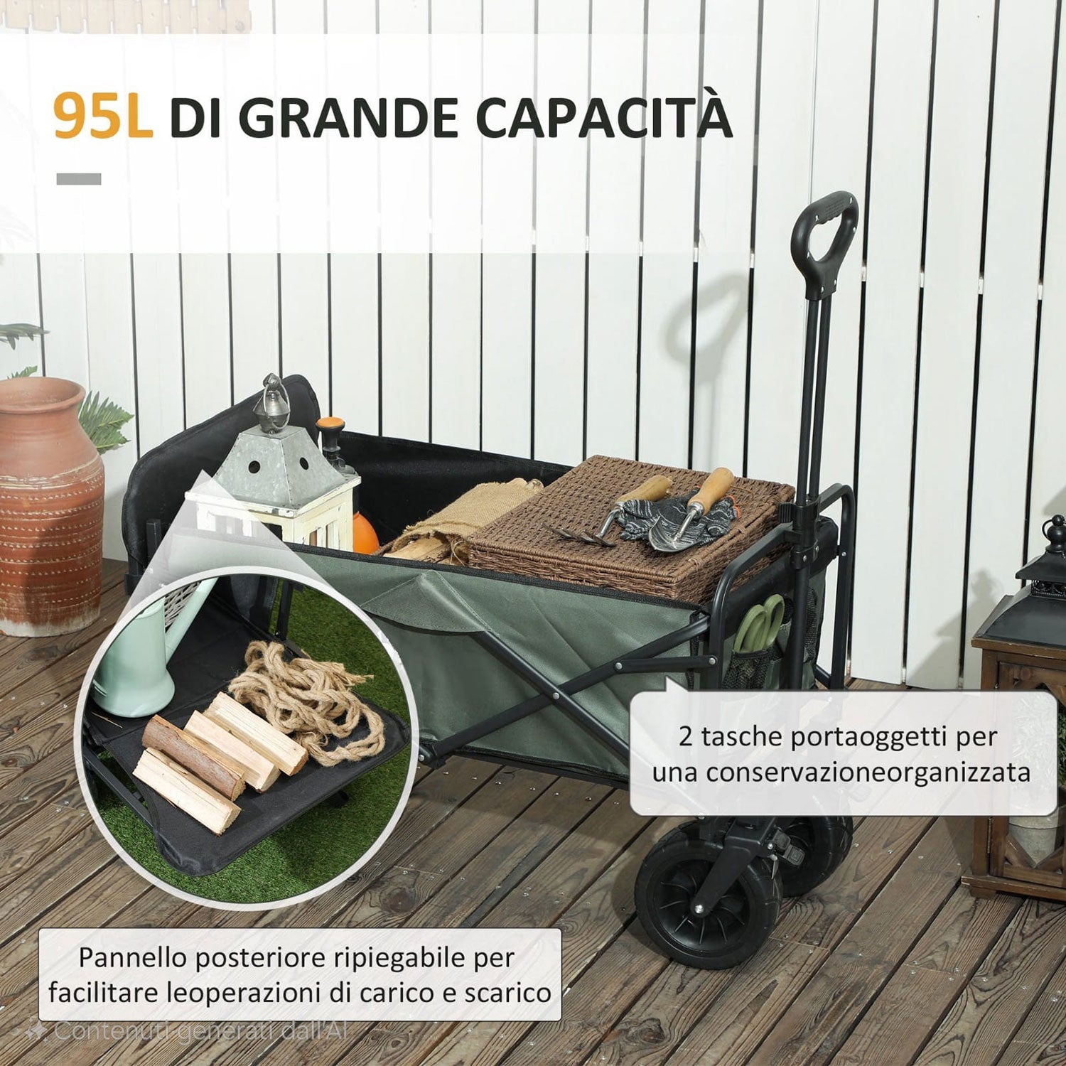 Carrello da Giardino 125x48x78-102 cm da 95L Pieghevole in Acciaio e Poliestere Verde