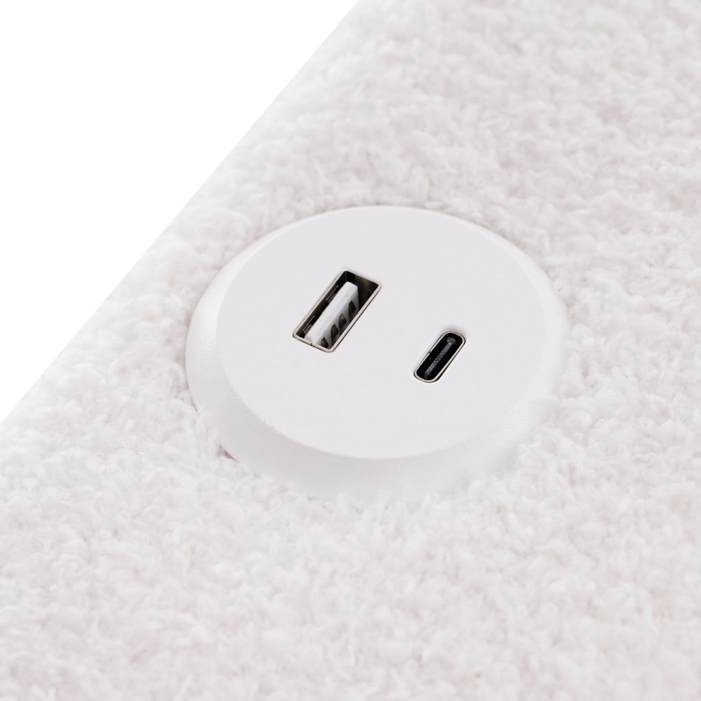 Letto matrimoniale 140x200 cm in Sherpa bianco con USB e Type-C; LED e 4 cassetti