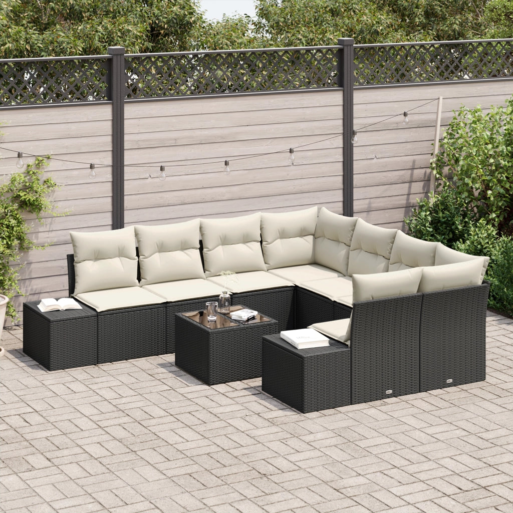 Set Divano da Giardino a 9 Pezzi con Cuscini Nero Polirattan