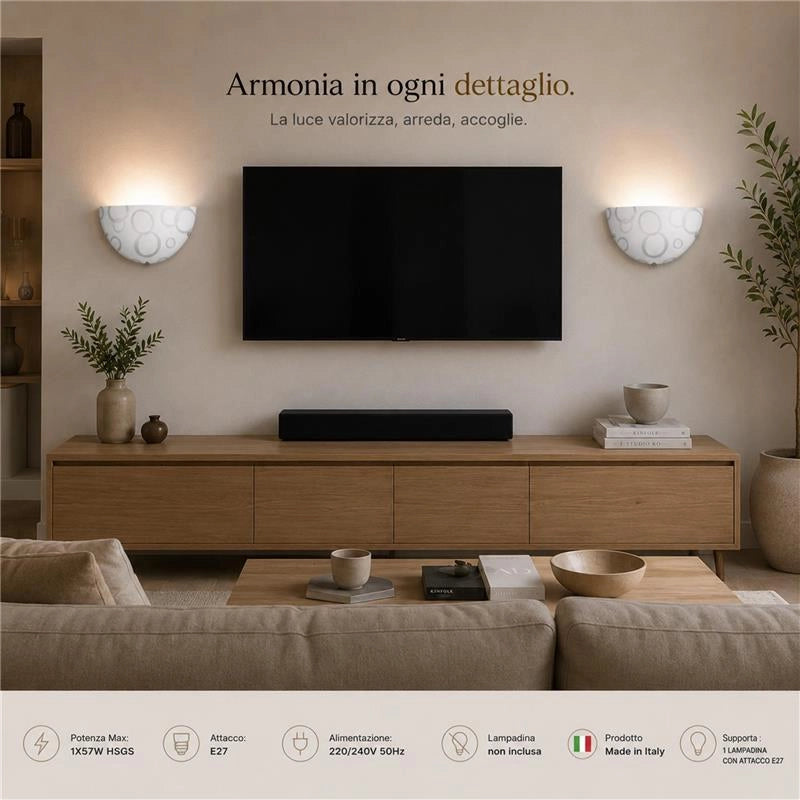 APPLIQUE DARIA 1XE27 GANCI CROMO VETRO LASTRA BIANCO DECORATO CERCHI Ø30-H.15-P.10 CM