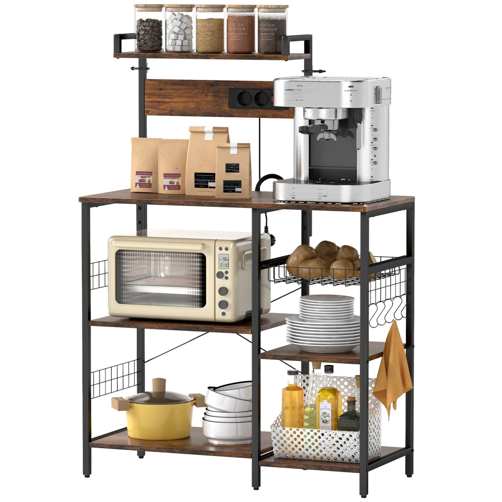 Scaffale da cucina con 2 prese, 5 ganci, 5 ripiani, cesto, rinforzi a X ¨C zephmum ¨C 90x42x130 cm
