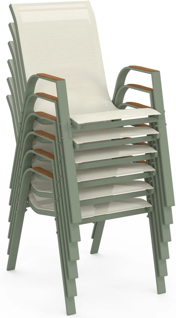 Set di 6 sedie da giardino impilabili NOUMEA in metallo e textilene in verde e legno