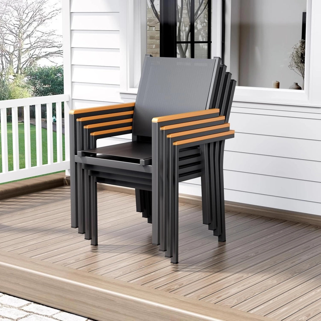 Sedie Da Giardino set da 4, Sedia impilabile per sala da pranzo in alluminio, Corrimano in WPC, Sedie Da Esterno Per Esterni, per terrazza, balcone, terrazza, piscina, ristorante, Nero