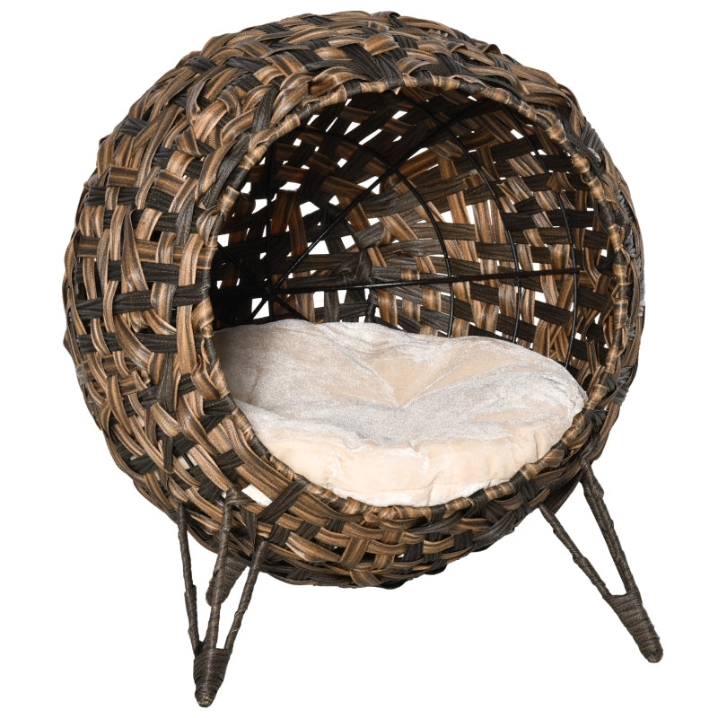 Cuccia per gatti in rattan PE con cuscino, base rialzata, marrone, 54 x 46 x 59 cm