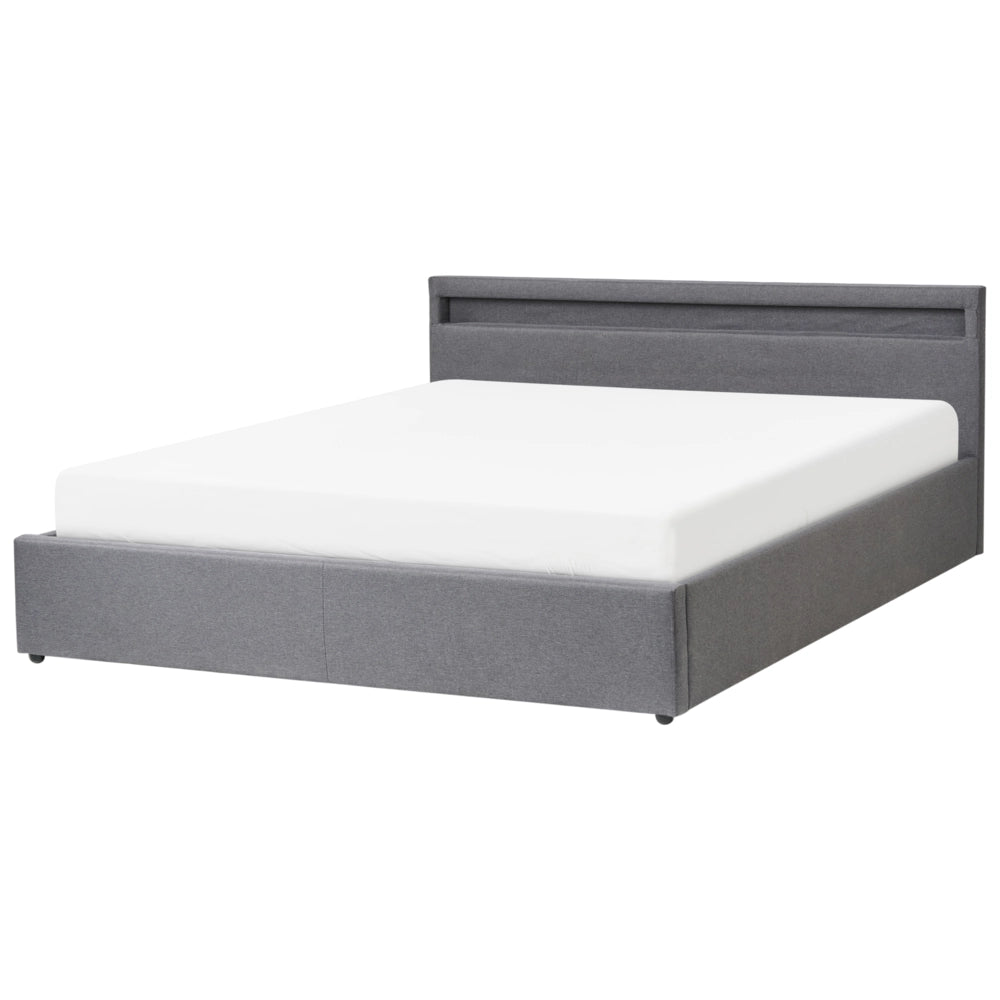 Letto matrimoniale in tedduto grigio scuro con LED 180 x 200 cm con contenitore e ottomana con doghe in legno