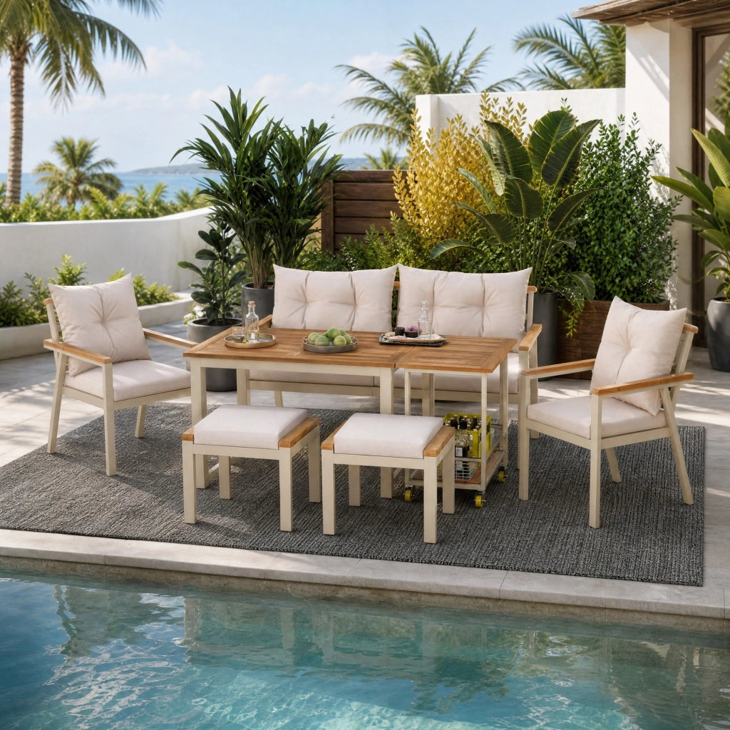 Set da pranzo da giardino per 6-7 persone in legno di acacia e metallo; beige e naturale