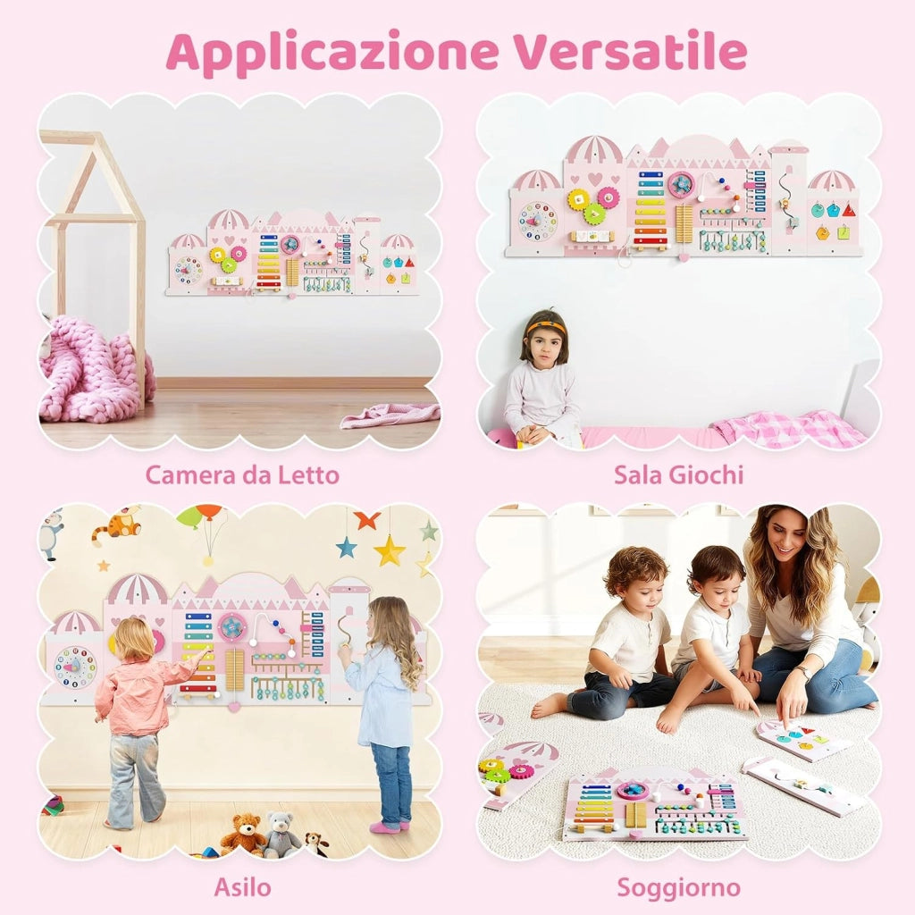 Pannelli da Parete con attività, Busy Board 11 in 1 Montessori in Legno per Sviluppo Sensoriale, Centro di attività Educativo Montato a Parete per Stanza Giochi, Asilo Nido (Castello)