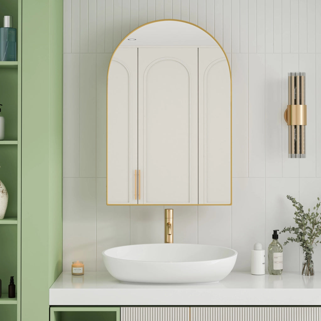 Armadio specchio ad arco 91x61x12 cm metallo dorato， contenitore a parete bagno