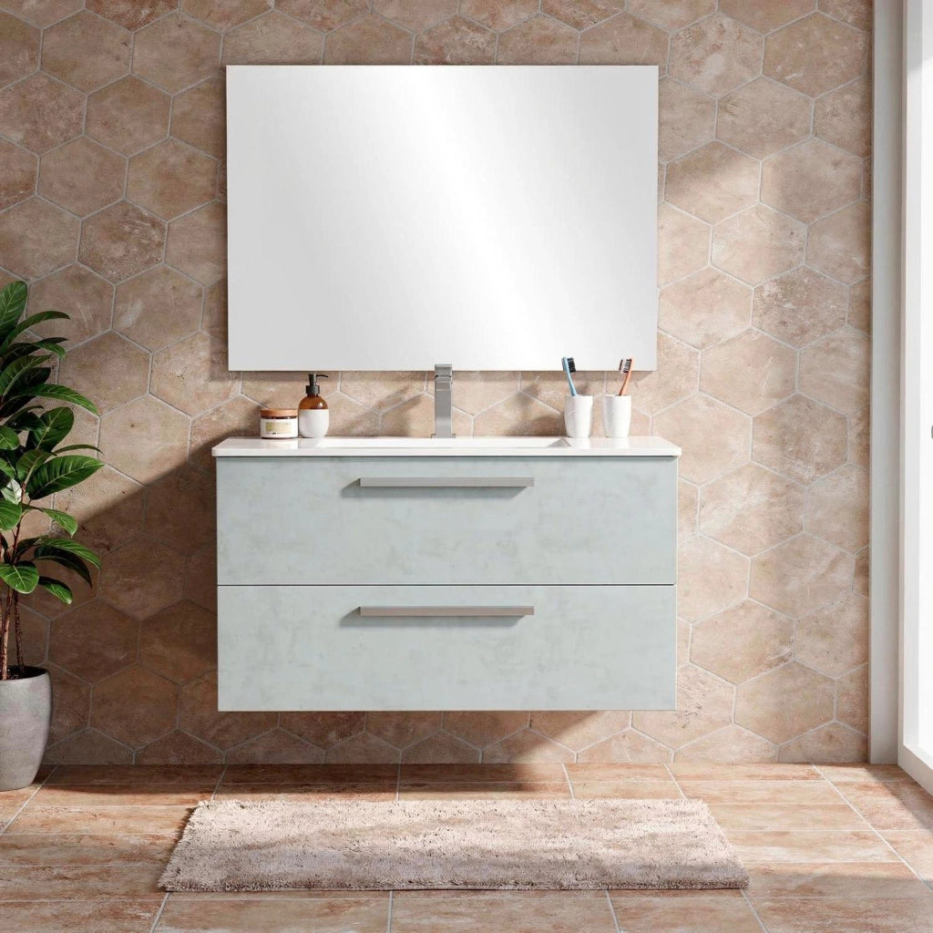 Mobile Bagno Sospeso Con 2 Cassettoni Con Sistema Soft Close Lavandino In Ceramica E Specchio Led Da 30 Cm Design Moderno 57 X 80 X 45 Cm Colore Grigio Cemento