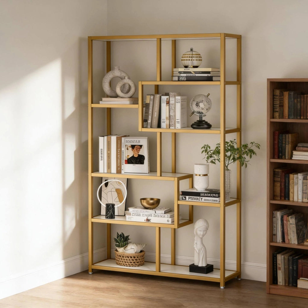 Libreria a 8 ripiani in metallo dorato e bianco 180x100x20 cm