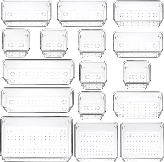 Organizzatore trasparente per la scrivania - 16 pezzi - 5 misure - Sistema organizzatore per scrivania - Distributore di carrello per trucco, gioielli e gadget - Scatole per archiviazione per camera da letto e organizzazione ufficio