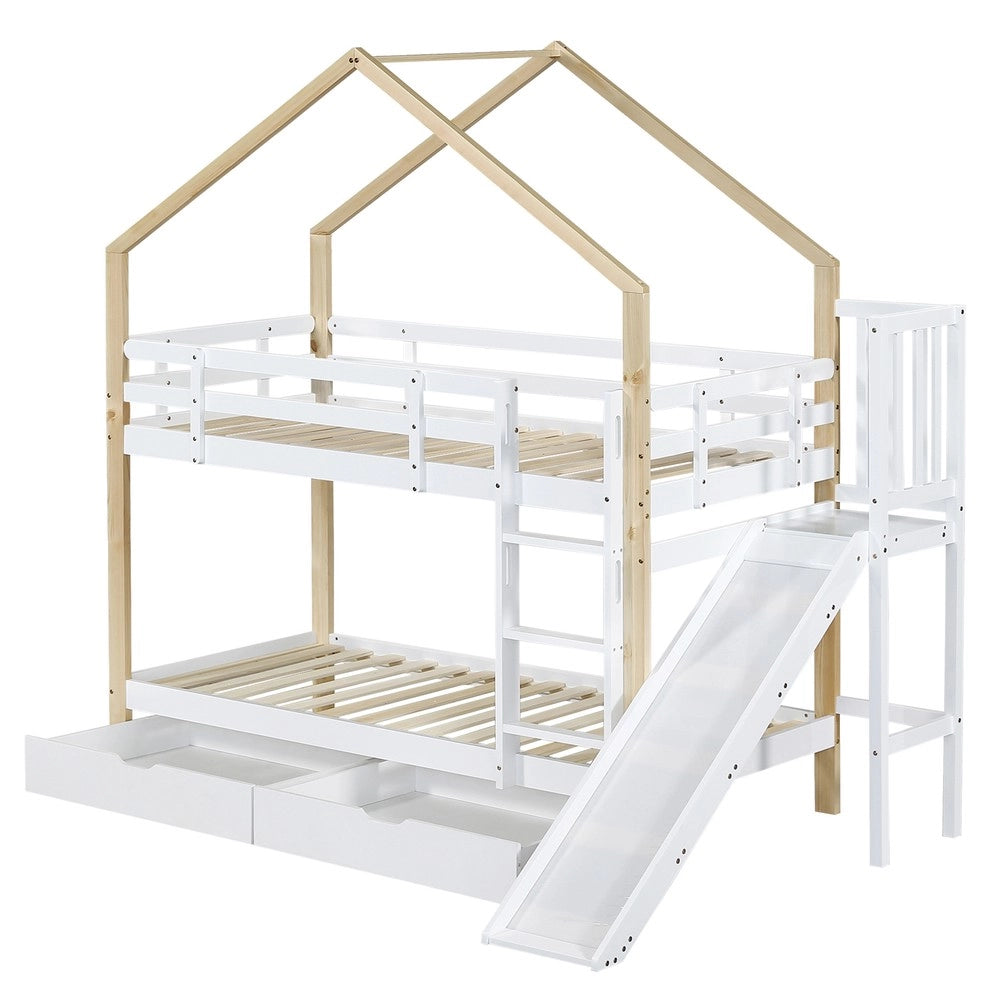 Letto a Castello con Scivolo e 2 Cassetti ¨C MINIMAL ¨C Legno Massello Bianco/Naturale 90x200