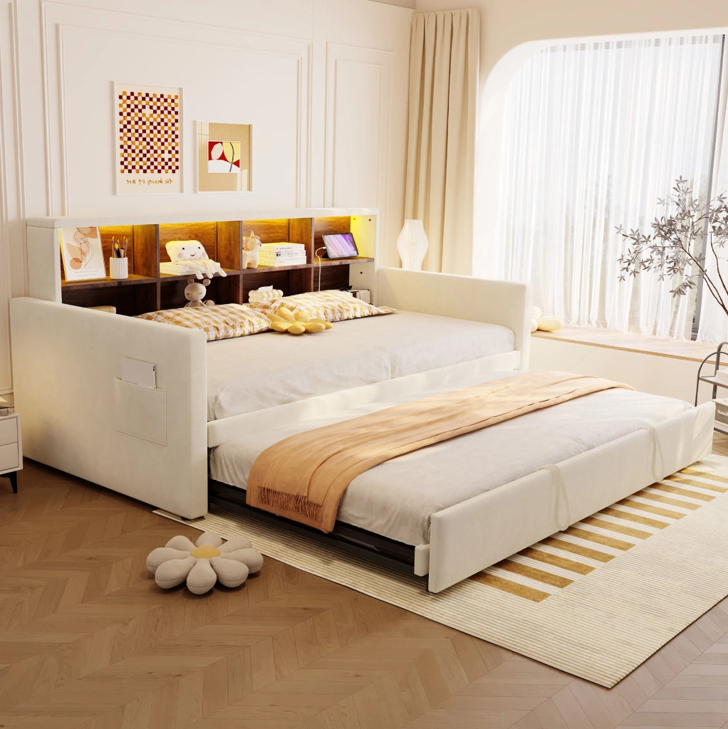 Divano letto imbottito 90x190 cm con contenitore; LED e prese integrate; velluto beige