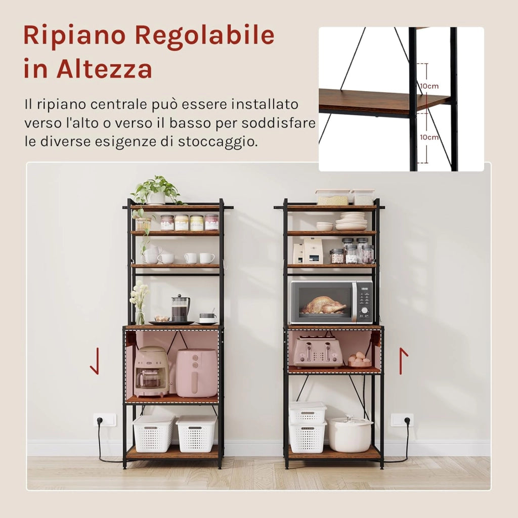 Scaffale da Cucina a 6 Livelli con Prese di Corrente, Scaffale per Microonde con Struttura in Metallo e Piano di Lavoro Aperto, Nero+Marrone Rustico, 60x39,5x167cm