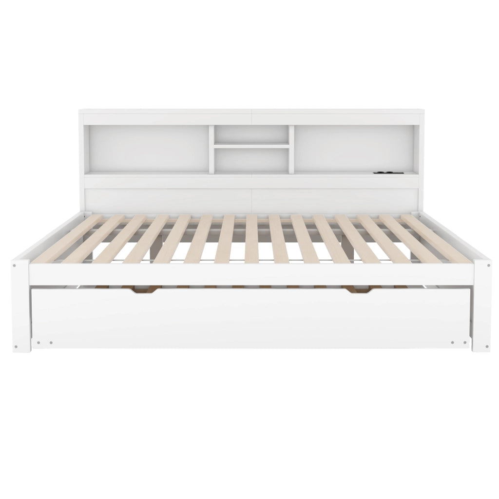 LETTO estraibile 140x200 cm bianco con LED, presa, USB e vano laterale