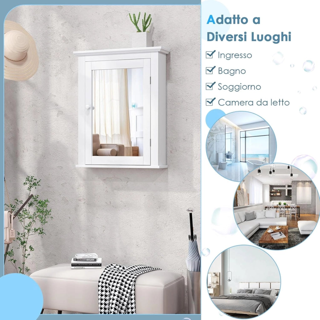 Armadietto Armadio a Specchio da Bagno, Arredo Specchio a Parete Mobiletto da Muro in Legno, Ripiani Regolabili, 56x14x69 cm (Bianco)