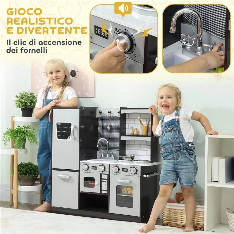 CUCINA GIOCATTOLO PER BAMBINI 3-8 ANNI IN LEGNO CON ACCESSORI, FRIGO, LAVANDINO E MANOPOLE CON SUONI, MARRONE