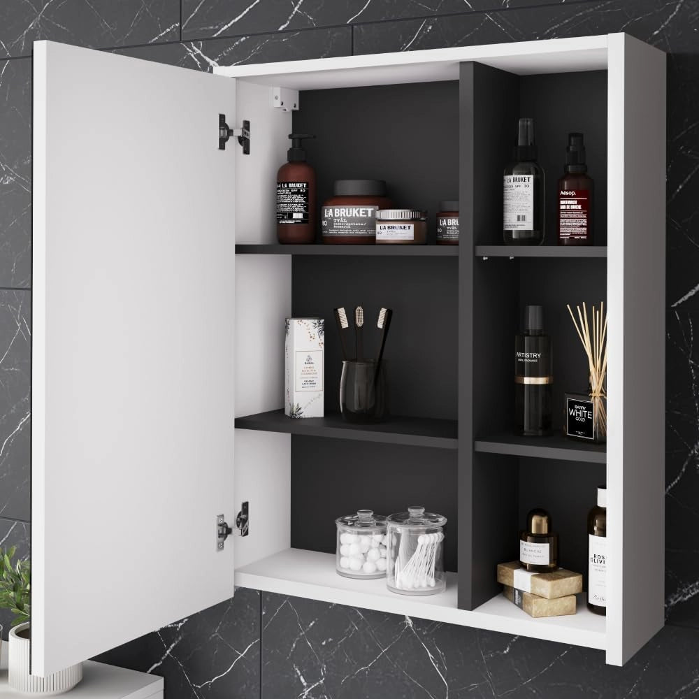 Mobile a specchio per il bagno Viola, Bianco/Grigio, 60 x 75 cm con ripiani aperti