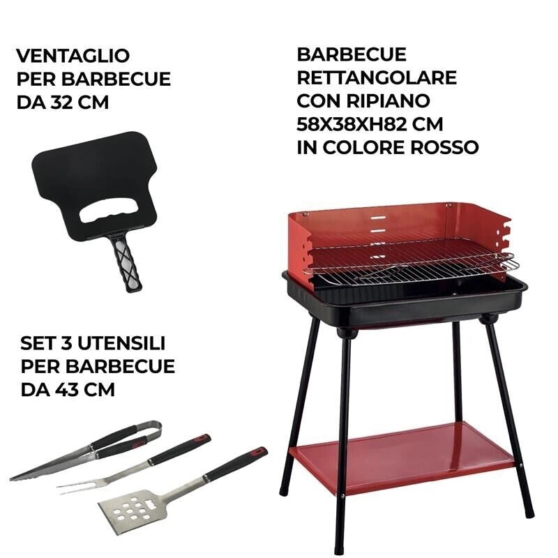MAURY'S SET BARBECUE RETTANGOLARE CON RIPIANO 58X38X82H CM + VENTAGLIO ASSORTITO DA 32 CM + GRILL SET 3 UTENSILI 43 CM