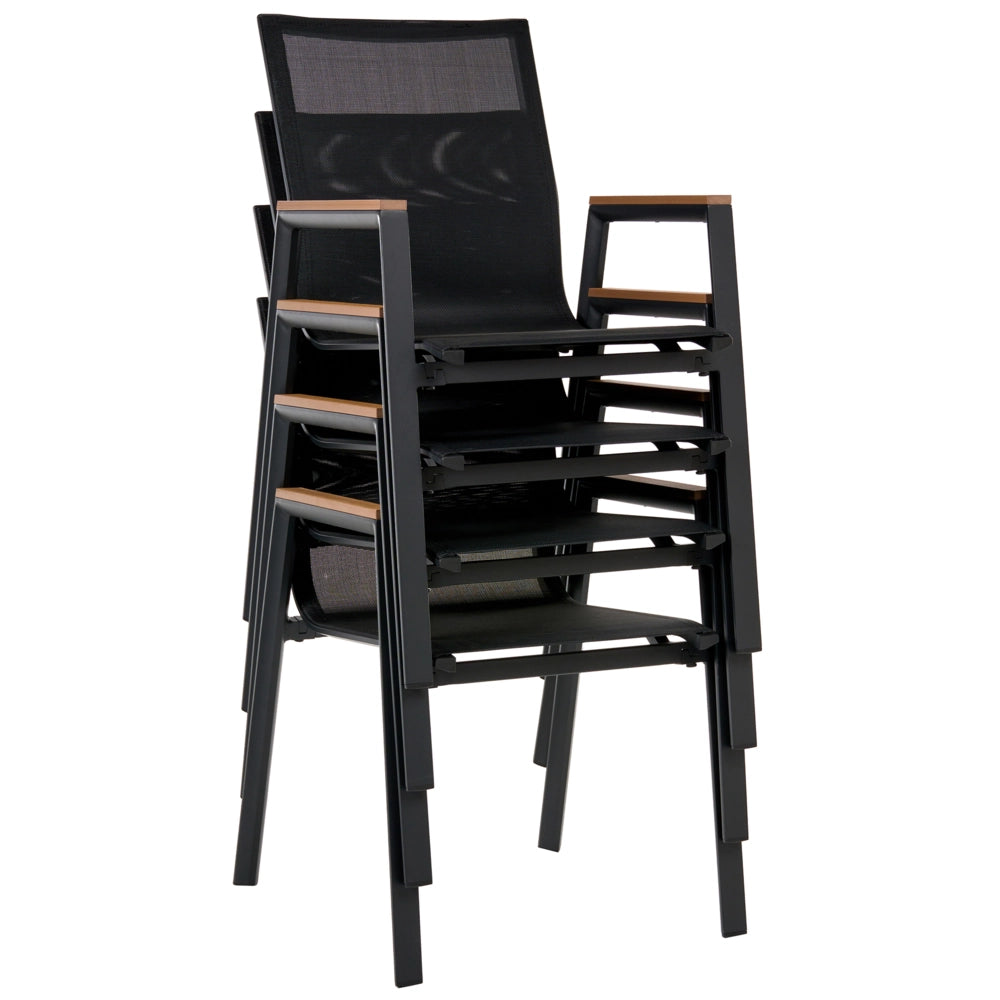 Set da pranzo da giardino a 4 posti Struttura in alluminio Nero Piano in legno plastico 4 sedie e tavolo da pranzo