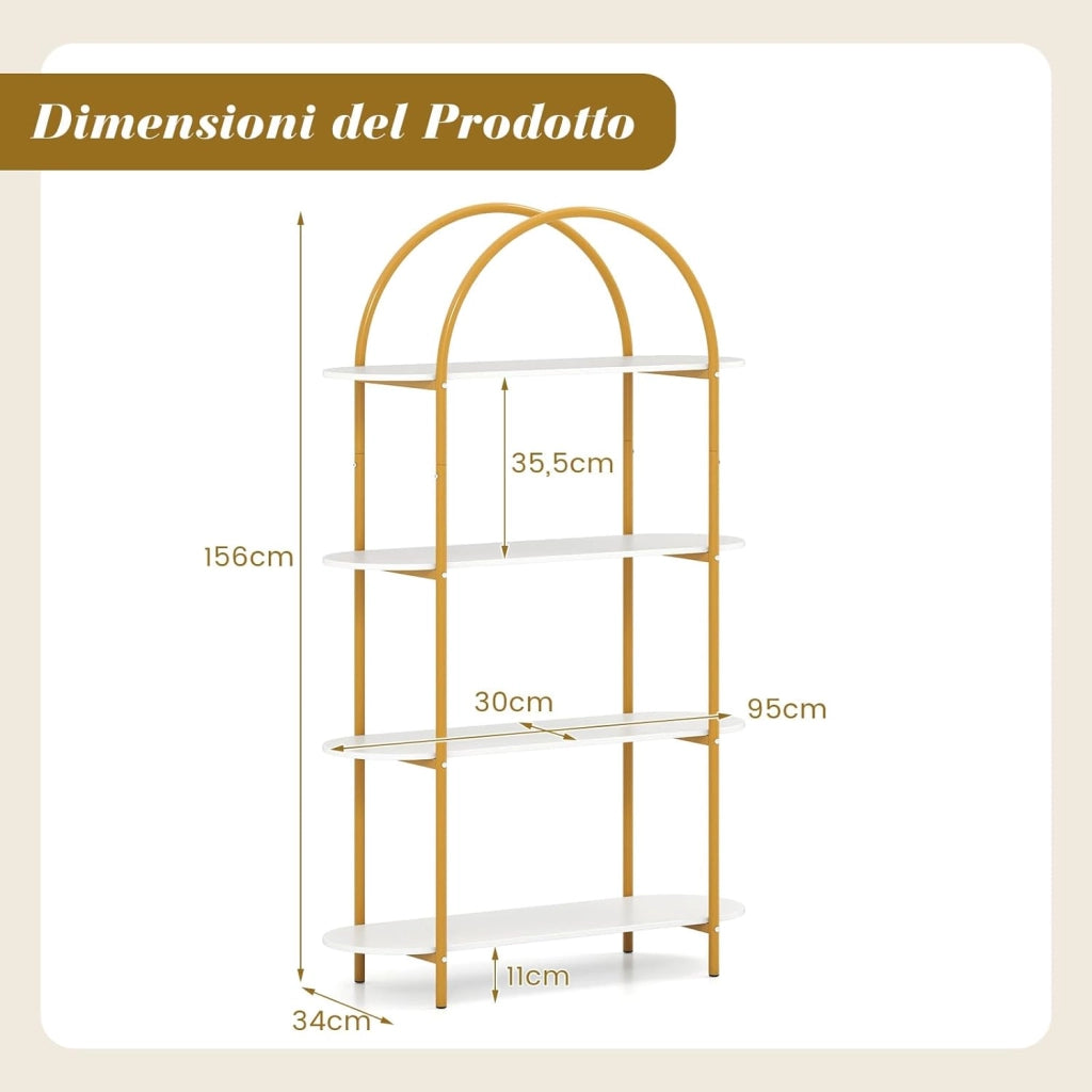 Libreria a Forma di Arco a 4 Ripiani, Scaffale Portaoggetti Aperta con Struttura Metallica, Organizer Espositivo Autoportante per Soggiorno, Ufficio e Camera da Letto, 95x34x156cm (Bianco)