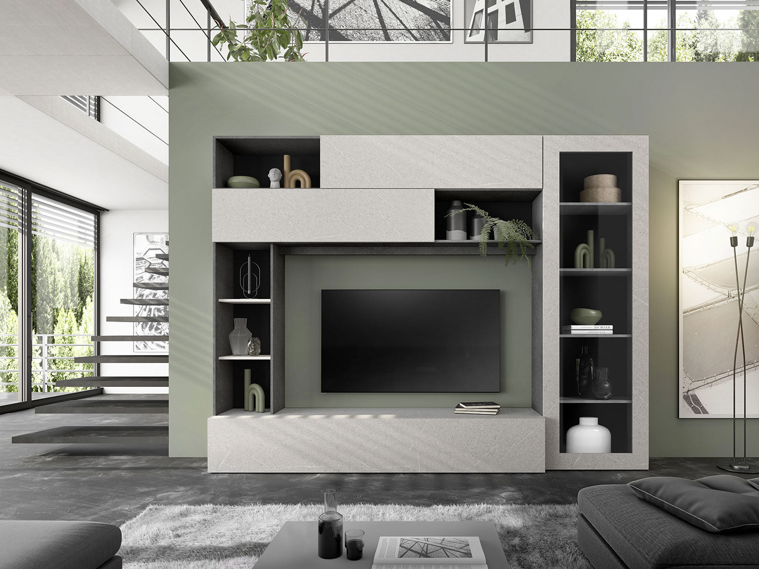 Parete Attrezzata Design Contemporaneo 277x40x210 cm con Anta Vetro Pratiko Ghisa e Pietra