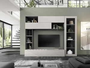 Parete Attrezzata Design Contemporaneo 277x40x210 cm con Anta Vetro Pratiko Ghisa e Pietra