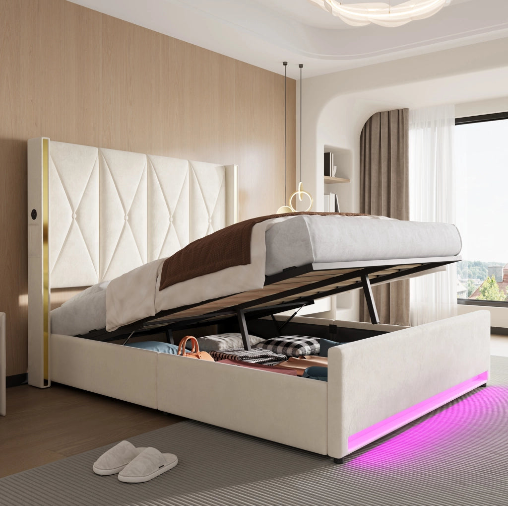 LETTO Contenitore 160x200 cm in Velluto Beige con USB, LED e tasche laterali