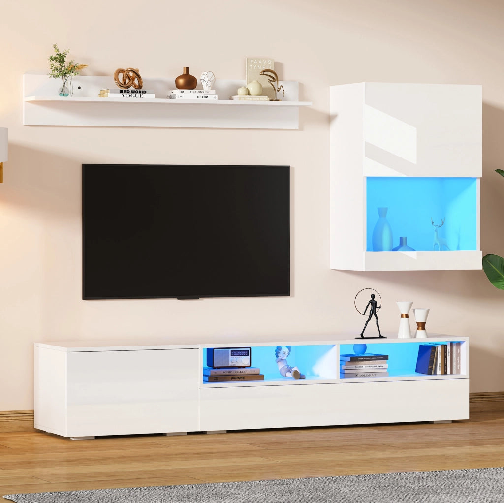 Parete attrezzata TV bianca 3 pezzi con LED, mobili TV 175 cm