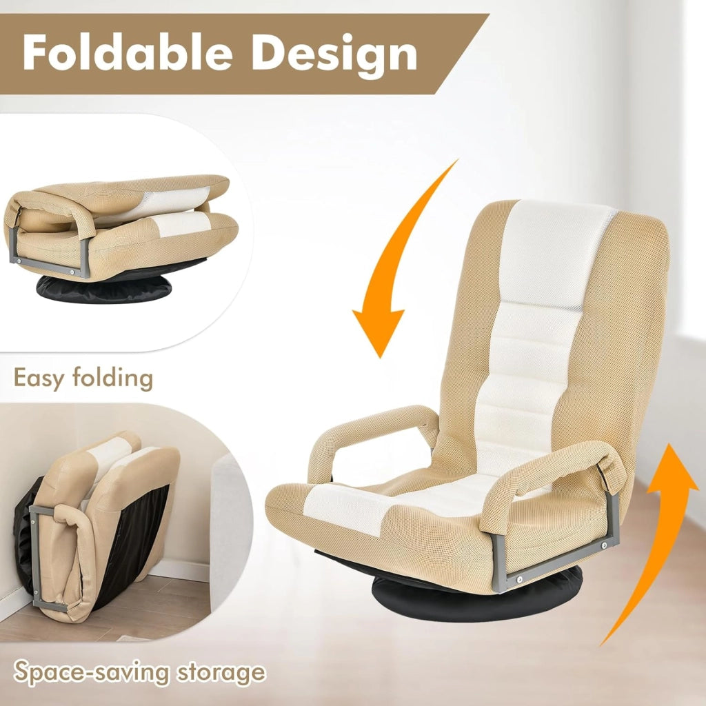 Sedia da Pavimento Pighevole, Sedia da Terra con Braccioli, Poltrona da Yoga Portatile e Girevole, Poltrona con Schienale Regolabile a 5+2 Livelli, Portata 150 kg (Marrone chiaro)
