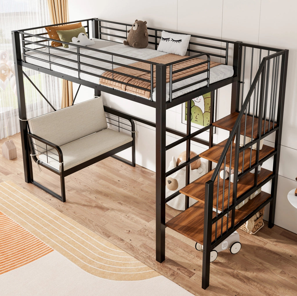 Letto a castello 90 x 200 cm nero con divano e scala contenitore