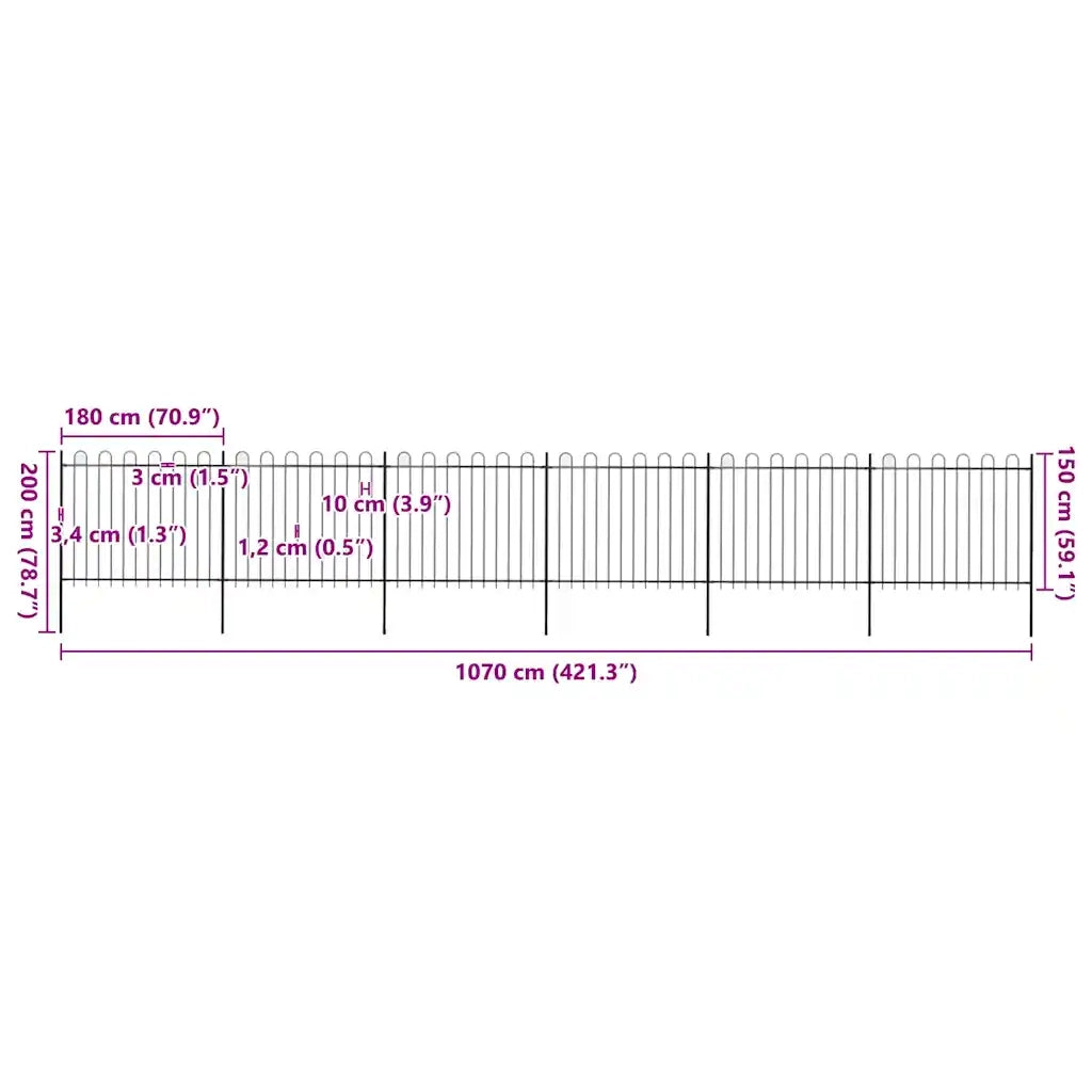 Recinzione da Giardino Punta Tonda in Acciaio 10,2x1,5m Nera