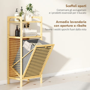 Mobile Bagno a Doghe con Cesto Portabiancheria 40x30x95 cm Apertura a Ribalta in Bambù e Poliestere Grigio e Legno