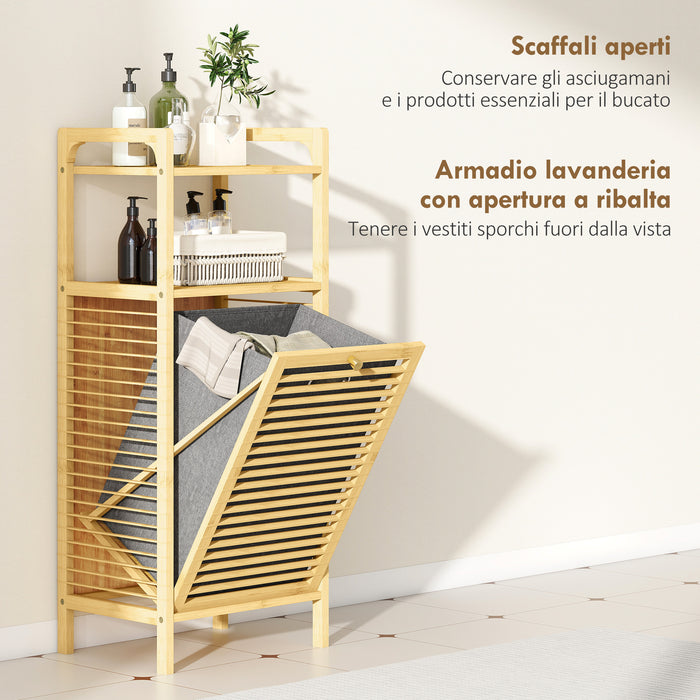 Mobile Bagno a Doghe con Cesto Portabiancheria 40x30x95 cm Apertura a Ribalta in Bambù e Poliestere Grigio e Legno