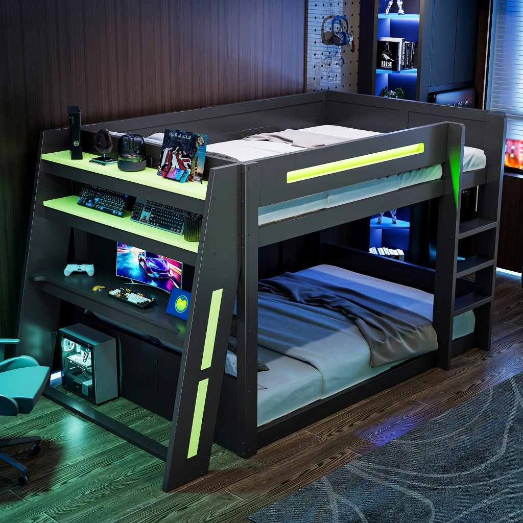 DESMIU Letto a castello 140 × 200 cm 2 posti con scrivania, USB, LED e ripiani, senza materasso, in legno e MDF, nero