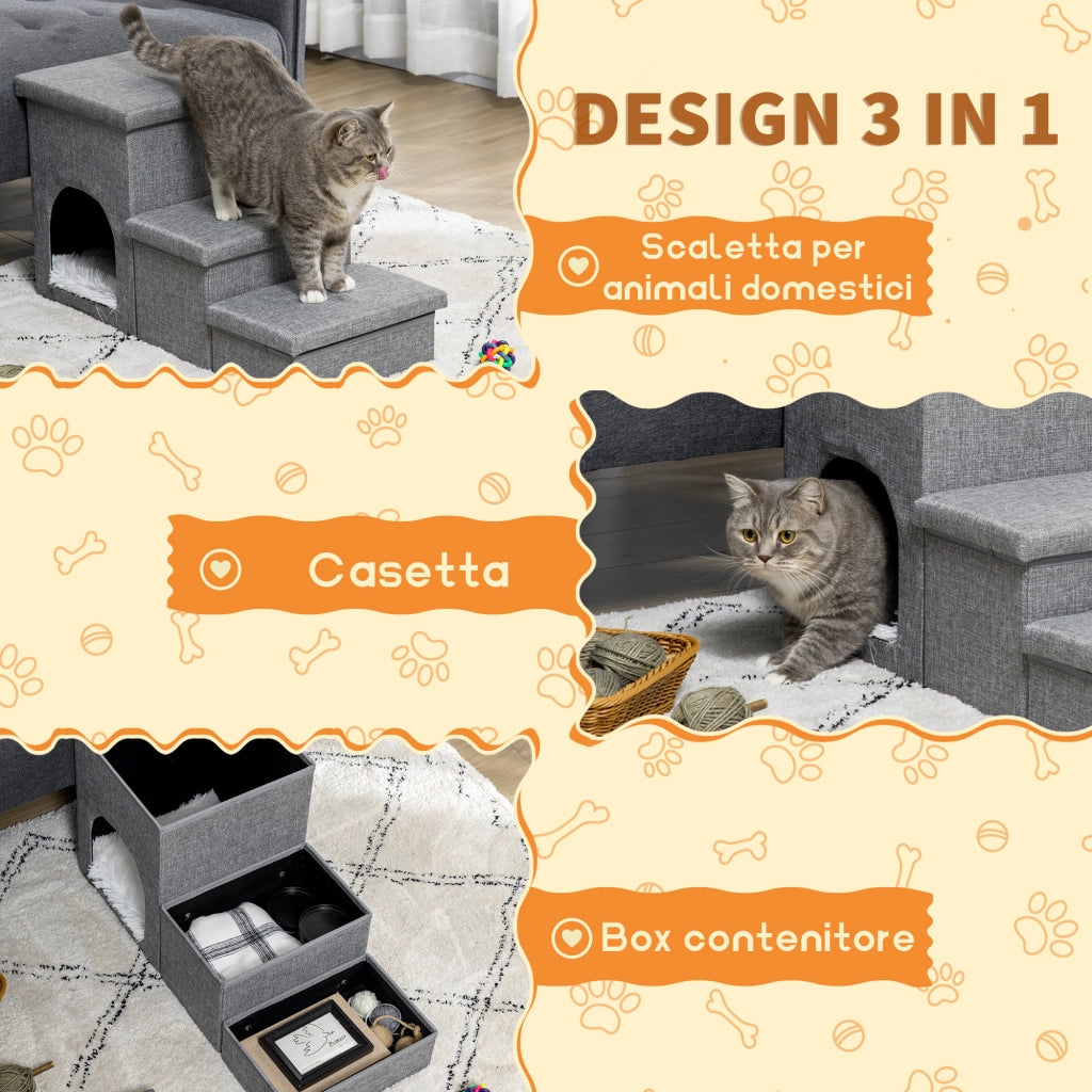 EasyComfort Scaletta per Cani e Gatti 10kg max a 3 Gradini con Casetta per Cani e Spazio Portaoggetti, 73.5x33x40.5 cm, Grigio